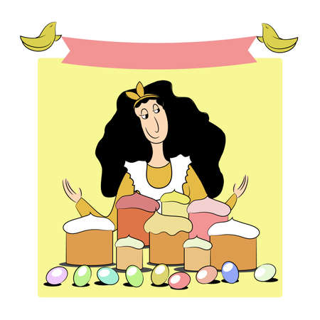 the girl baked a cake and cooked the eggs for the Easterのイラスト素材