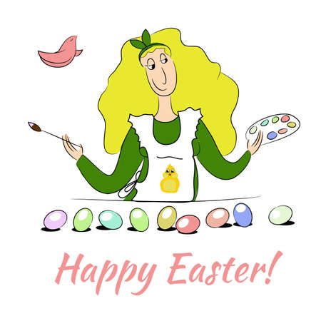 the girl baked a cake and cooked the eggs for the Easterのイラスト素材