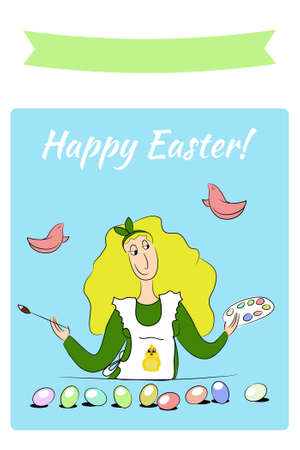 the girl baked a cake and cooked the eggs for the Easterのイラスト素材