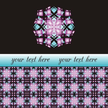 Card with abstract round ornaments made of turquoise and violet geometric shapes with turquoise text placeのイラスト素材