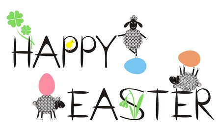 Happy easter text with funny lambs, eggs, chicken, quatrefoil and snowdropのイラスト素材