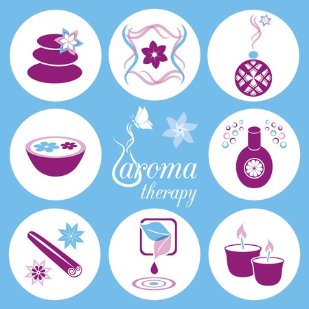Set of violet and blue aromatherapy icons on light blue backgroundのイラスト素材