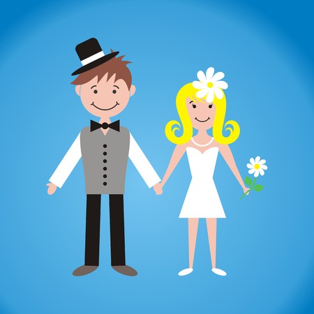 Cute bride and groom on blue backgroundのイラスト素材