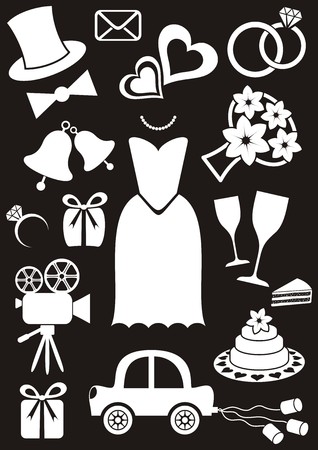 Set of black and white silhouette icons for wedding cards and invitationsのイラスト素材