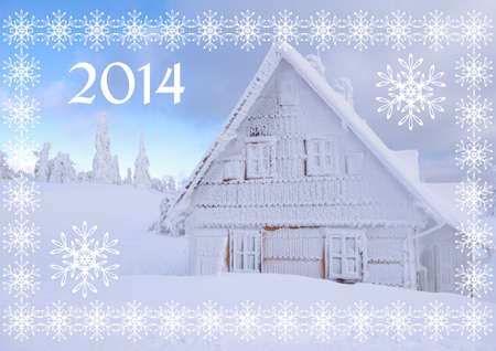 Happy New Year 2014 card with hut in mountains in winterの写真素材