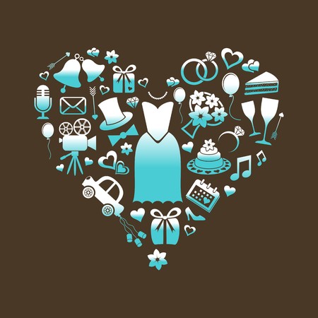 Set of turquoise and white silhouette wedding icons inside a heart shapeのイラスト素材