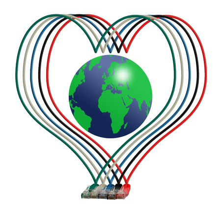 composition with five color lan connectors, earth and heartの写真素材