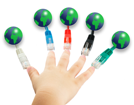 composition with color lan connectors, earth and handの写真素材