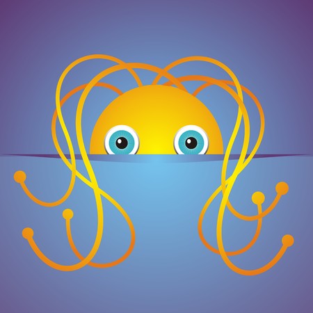 Cute cartoon hidden monster on a blue background. Vector illustrationのイラスト素材