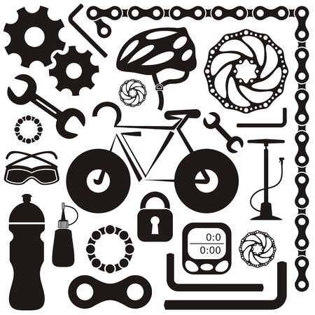 Black collection of bicycle accessories vector silhouette iconsのイラスト素材