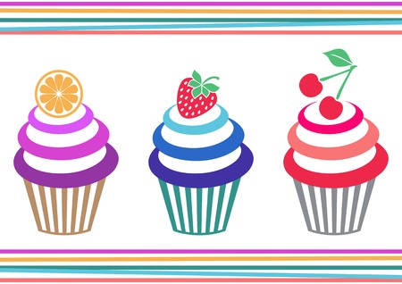 Vector illustration of three isolated colorful fruit cupcakesのイラスト素材
