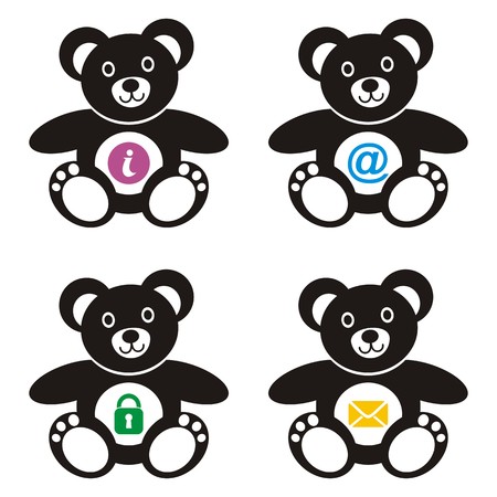 Four cute black teddy bears with colorful web iconsのイラスト素材