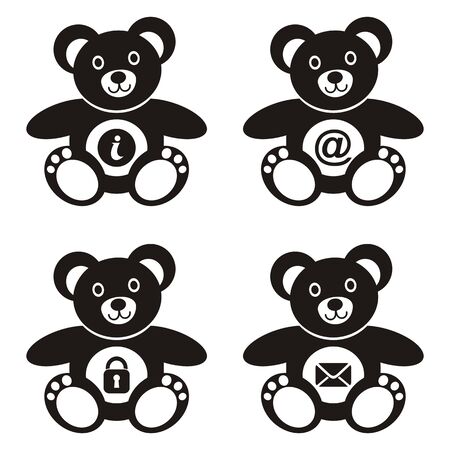 Four cute black teddy bears with web iconsのイラスト素材