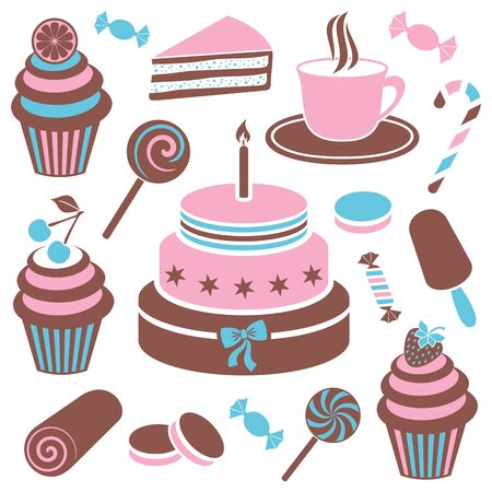 Colorful desserts and sweets icon vector silhouette collectionのイラスト素材