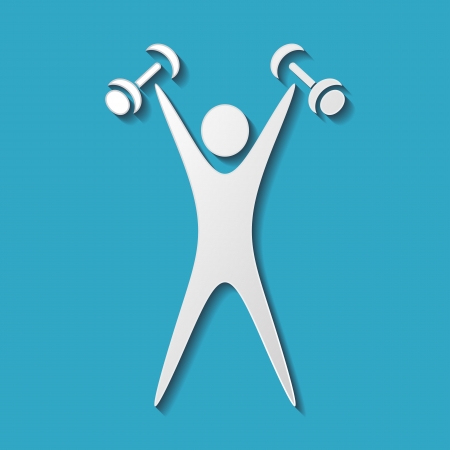 White exercising figure with dumbbells on blue backgroundのイラスト素材