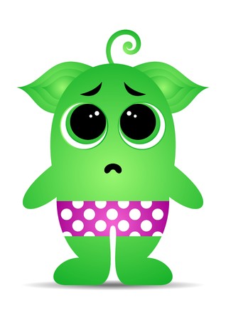 Little cute shy green cartoon monster with pantsのイラスト素材