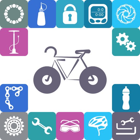 Collection of bicycle accessories in colorful rounded squaresのイラスト素材