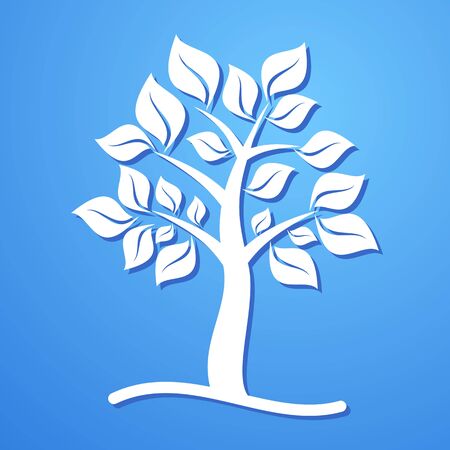 White beautiful tree with leaves on blue backgroundのイラスト素材