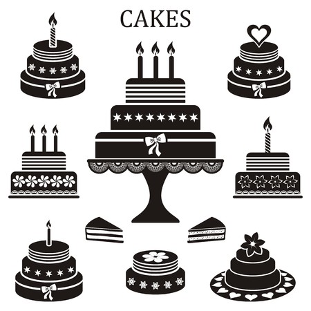 Black birthday and wedding cakes vector silhouette collectionのイラスト素材