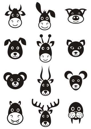 Set of cute black vector cartoon animal facesのイラスト素材