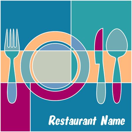 Colorful retro restaurant menu with cutlery and plateのイラスト素材