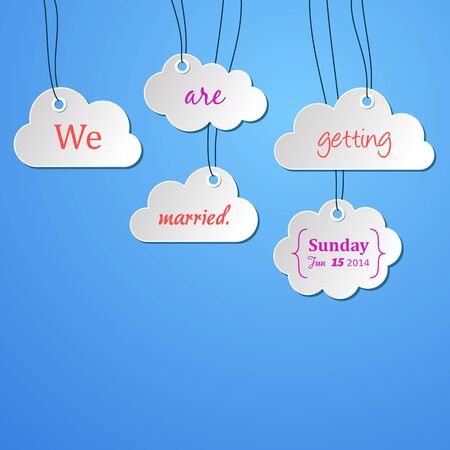 Original wedding invitation with hanging clouds on blueのイラスト素材