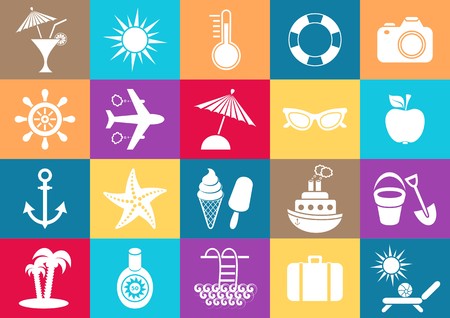 White vector summer icons collection on colorful squaresのイラスト素材
