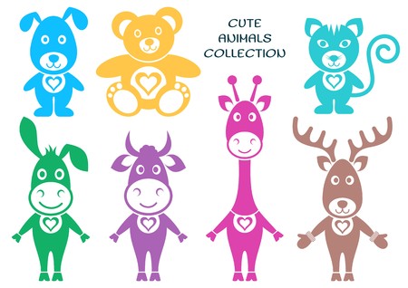 Cute colorful vector animals silhouette icons with heartのイラスト素材
