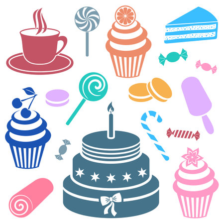 Colorful desserts and sweets icon vector silhouette collectionのイラスト素材