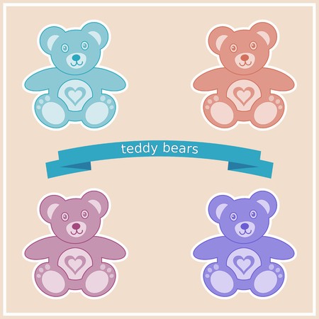 Four vintage colorful cute teddy bears with heartsのイラスト素材