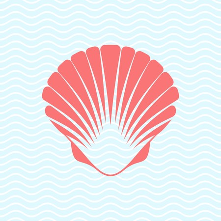 Red vector scallop seashell on blue marine backgroundのイラスト素材