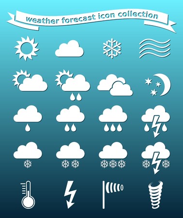 White vector weather icons collection on blue backgroundのイラスト素材