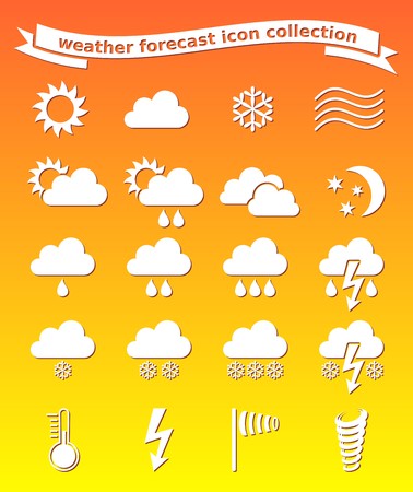 White vector weather icons collection on orange backgroundのイラスト素材