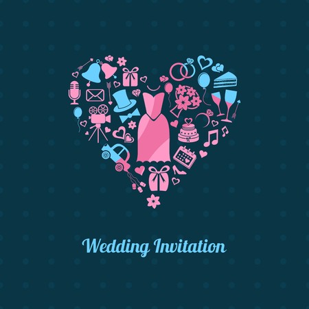 Dark blue invitation card with colorful wedding symbolsのイラスト素材