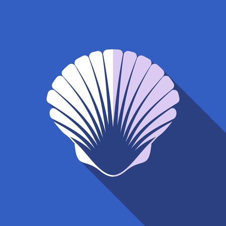 White scallop seashell on blue background flat designのイラスト素材
