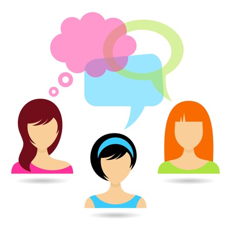 Three woman icons with speech and thought bubblesのイラスト素材