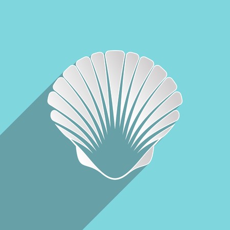 White scallop seashell on blue background flat designのイラスト素材