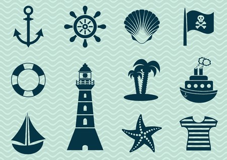 Set of various marine and pirate silhouette iconsのイラスト素材