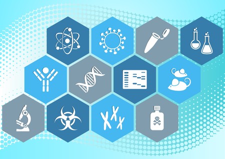 Modern molecular biology science icons collection in hexagonsのイラスト素材