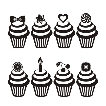 Various vector cupcake silhouettes on white backgroundのイラスト素材