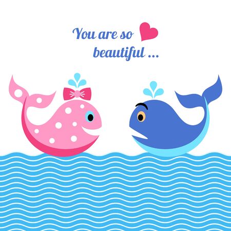 Cute and funny whales in love vector illustrationのイラスト素材