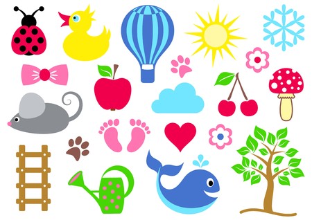 Cute colorful baby icons collection on white backgroundのイラスト素材