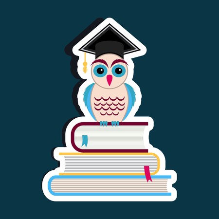 Colorful owl with graduation hat and booksのイラスト素材