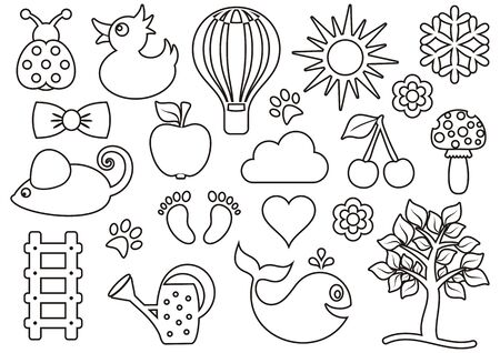 Cute black baby icons outline collection on whiteのイラスト素材
