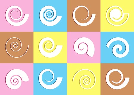 White vector abstract spiral icons in colorful rectanglesのイラスト素材