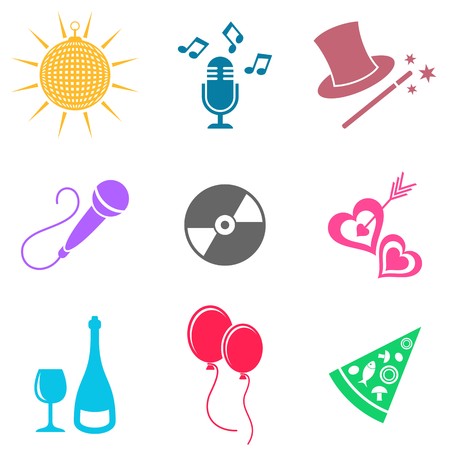 Colorful party and entertainment icons vector silhouette collectionのイラスト素材
