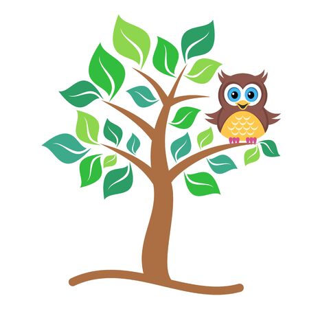 Cute vector single colorful owl sitting on treeのイラスト素材