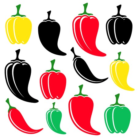 Different vector colorful and black peppers collection isolatedのイラスト素材