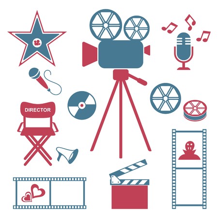 Red and blue retro movie and music iconsのイラスト素材