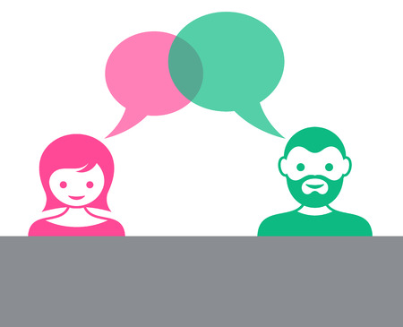 Cute man and woman with dialog speech bubblesのイラスト素材
